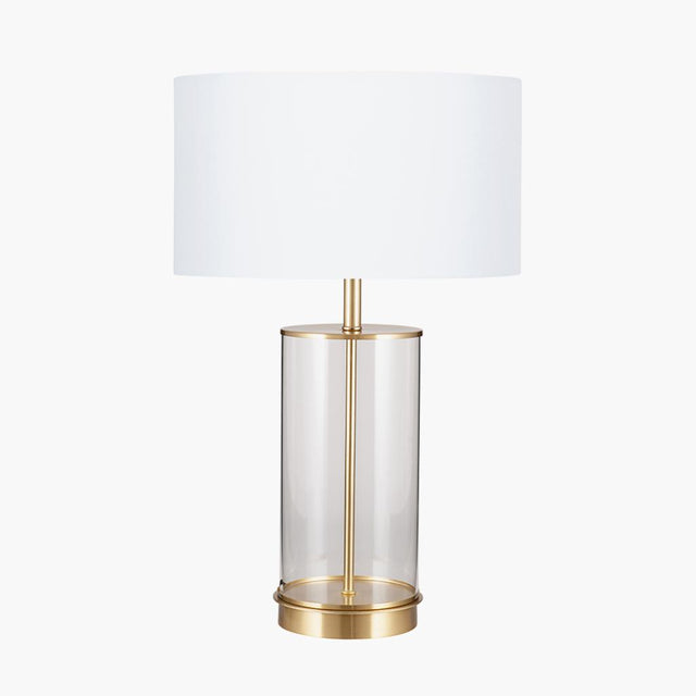 Westwood Clear Glass and Champagne Metal Table Lamp with Harry 35cm Ivory Poly Cotton Cylinder Drum Shade