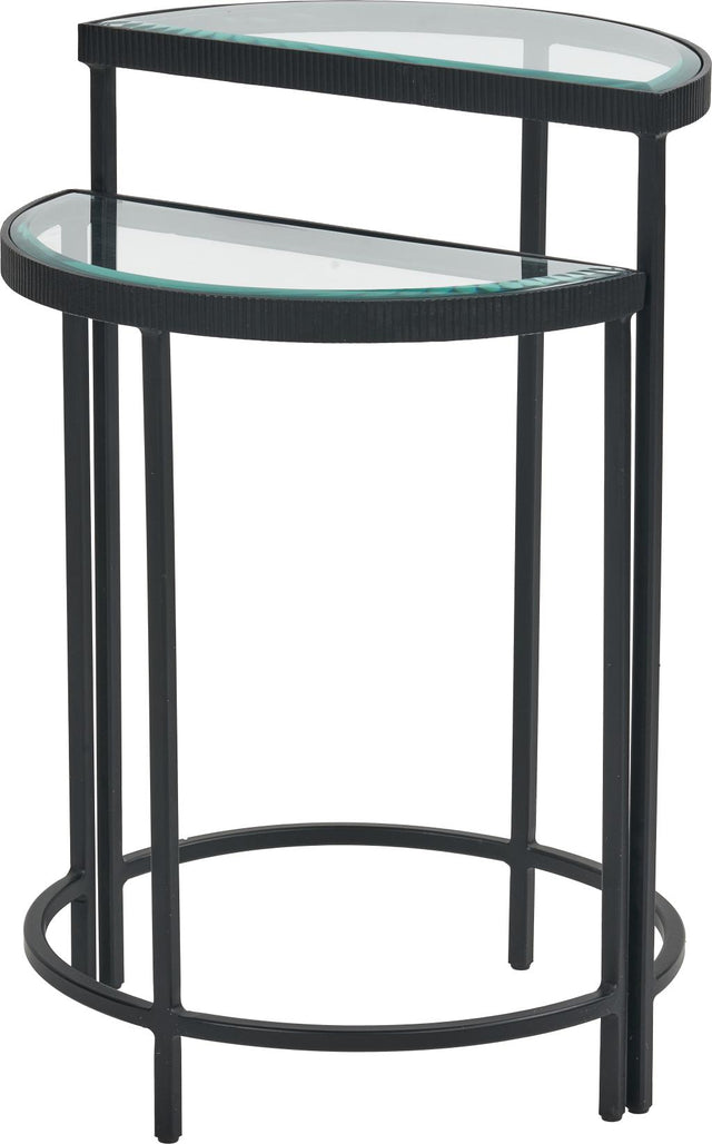 Marazzi S/2 Bevelled Glass and Black Metal Half Moon Side Tables