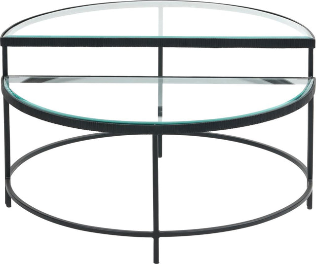 Marazzi S/2 Bevelled Glass and Black Metal Half Moon Coffee Tables