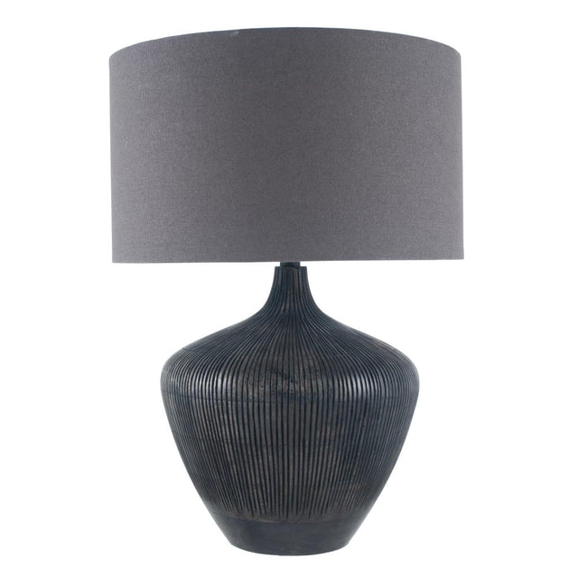 Manaia Antique Black Textured Wood Table Lamp with Henry 35cm Grey Handloom Cylinder Shade