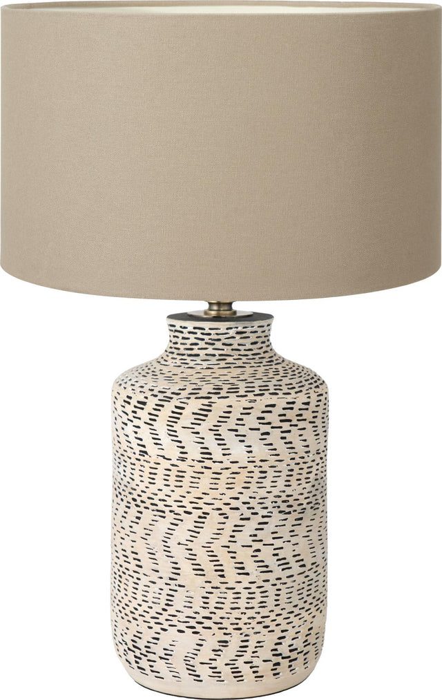 Atouk Textured Natural and Black Stoneware Table Lamp with Henry 35cm Taupe Handloom Cylinder Shade