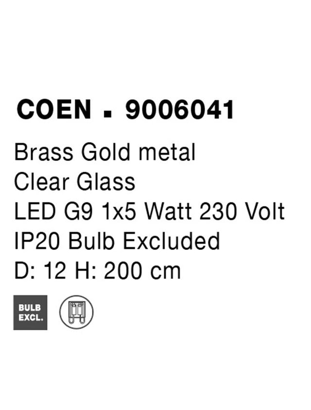 COEN Brass Gold Metal Clear Structured Glass LED G9 1x5 Watt 230 Volt IP20 Bulb Excluded D: 12 H: 200 cm Adjustable Height