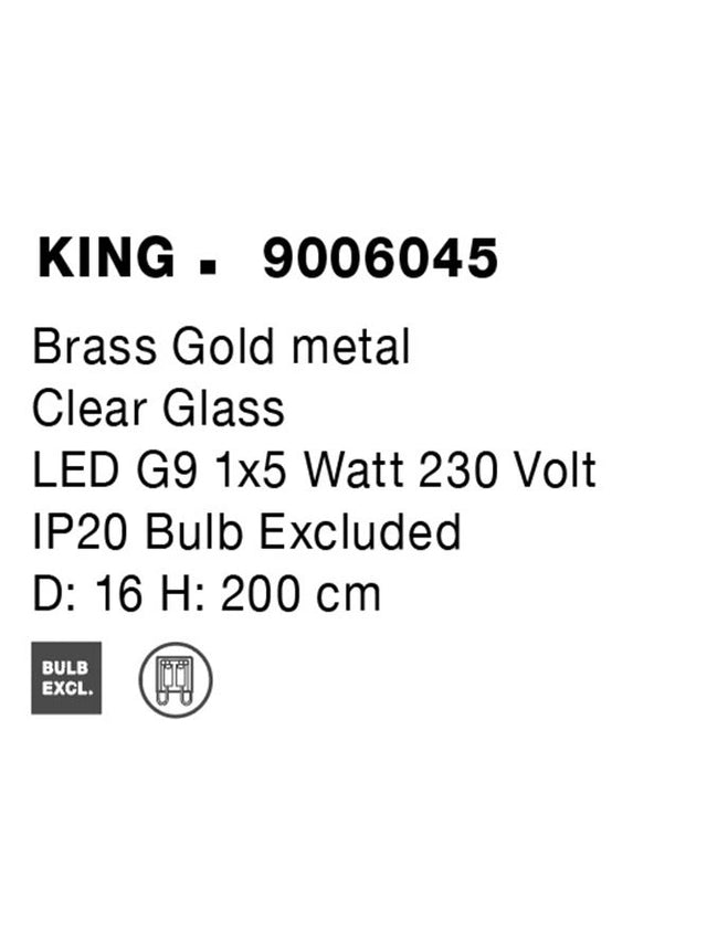 KING Brass Gold Metal Blown Clear Glass LED G9 1x5 Watt 230 Volt IP20 Bulb Excluded D: 16 H: 200 cm Adjustable Height