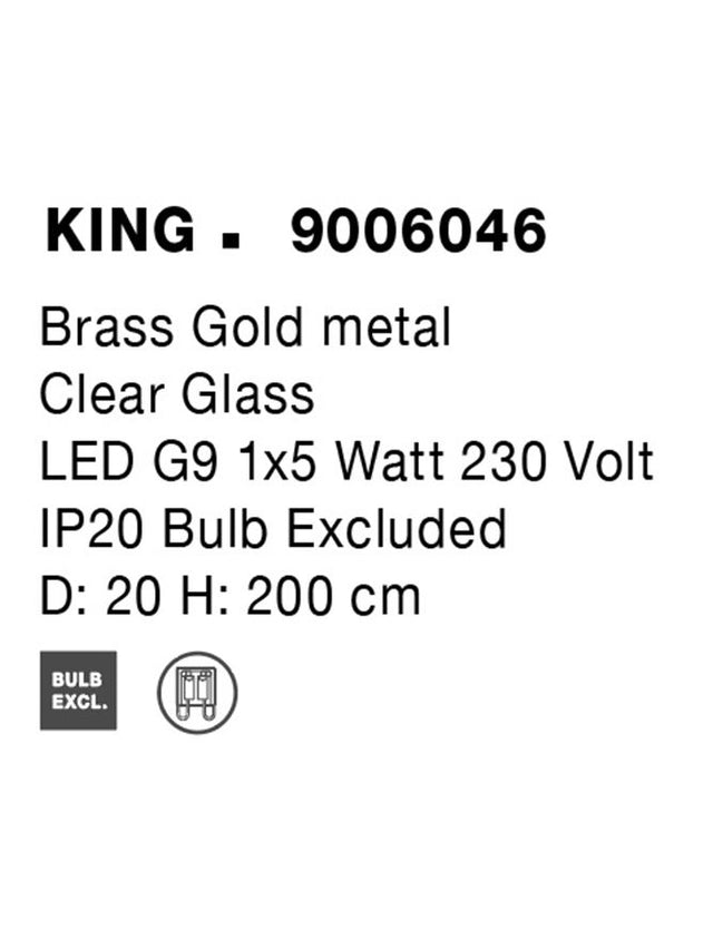 KING Brass Gold Metal Blown Clear Glass LED G9 1x5 Watt 230 Volt IP20 Bulb Excluded D: 20 H: 200 cm Adjustable Height