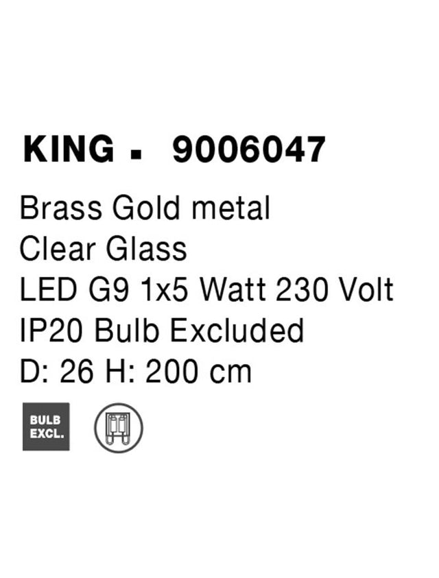 KING Brass Gold Metal Blown Clear Glass LED G9 1x5 Watt 230 Volt IP20 Bulb Excluded D: 26 H: 200 cm Adjustable Height