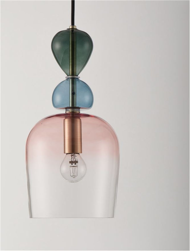 MURANO Sandy Gold Metal Glossy Dark Green, Blue Grey & Pink Glass LED E14 1x5 Watt 230 Volt IP20 Bulb Excluded D: 15.7 H1: 31.4 H2: 185.5 cm Adjustable height