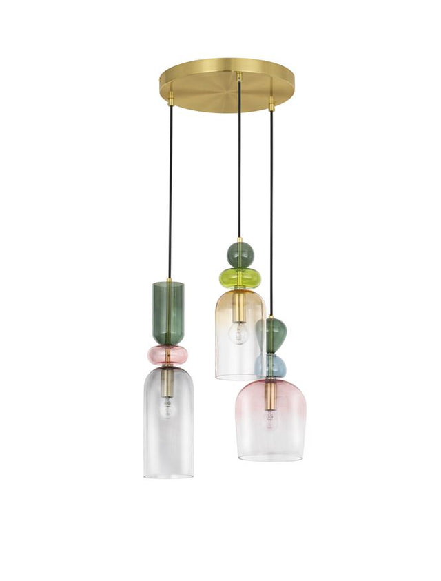 MURANO Sandy Gold Metal Glossy Dark Green, Blue Grey Pink, Glossy Light Green, Orange & Light Grey Glass LED E14 3x5 Watt 230 Volt IP20 Bulb Excluded D: 41.7 H: 120 cm Adjustable height