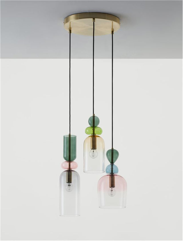 MURANO Sandy Gold Metal Glossy Dark Green, Blue Grey Pink, Glossy Light Green, Orange & Light Grey Glass LED E14 3x5 Watt 230 Volt IP20 Bulb Excluded D: 41.7 H: 120 cm Adjustable height