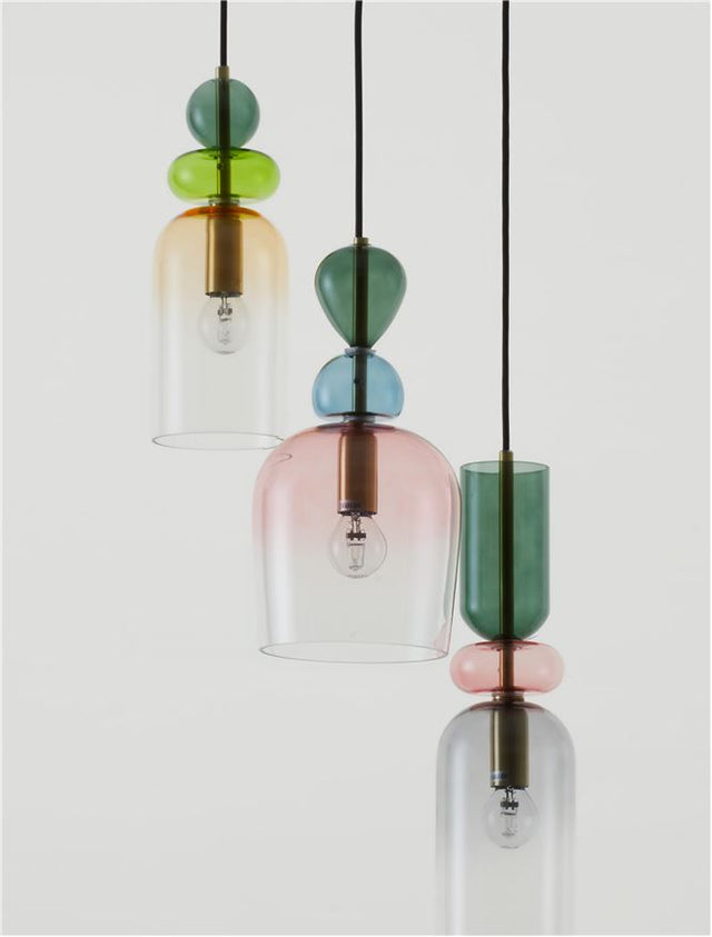 MURANO Sandy Gold Metal Glossy Dark Green, Blue Grey Pink, Glossy Light Green, Orange & Light Grey Glass LED E14 3x5 Watt 230 Volt IP20 Bulb Excluded D: 41.7 H: 120 cm Adjustable height