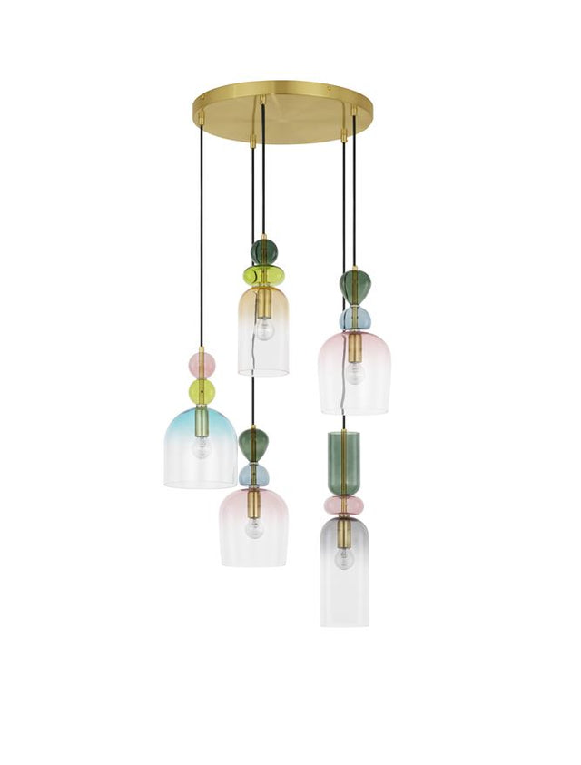 MURANO Sandy Gold Metal Glossy Dark Green, Blue Grey Pink, Glossy Light Green, Orange & Light Grey Glass & Blue LED E14 5x5 Watt 230 Volt IP20 Bulb Excluded D: 51.7 H: 120 cm Adjustable height