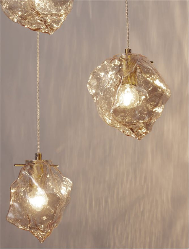 ODELLE Brass Gold Metal & Amber Glass LED E14 3x5 Watt 230 Volt IP20 Bulb Excluded D: 40 H: 120 cm Adjustable height