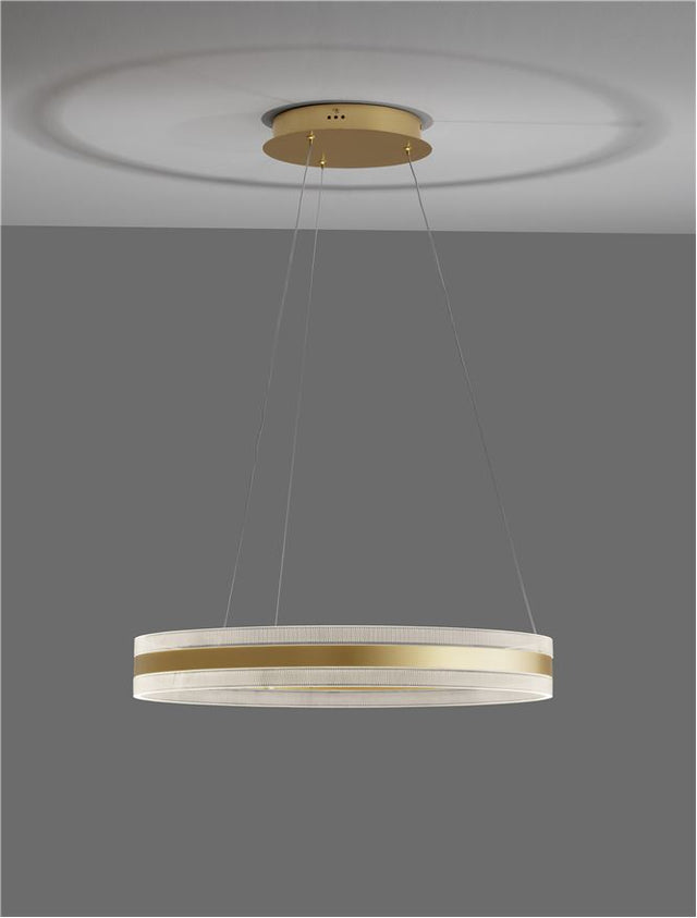 AGOS Triac Dimmable Gold Aluminium & Acrylic LED 75 Watt 230 Volt 2947Lm 3000K IP20 D: 60 H: 150 cm Adjustable Height