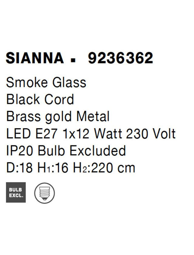 SIANNA Smoky Glass Brass Gold Metal LED E27 1x12 Watt 230 Volt IP20 Bulb Excluded D: 18 H1: 16 H2: 220 cm Adjustable height