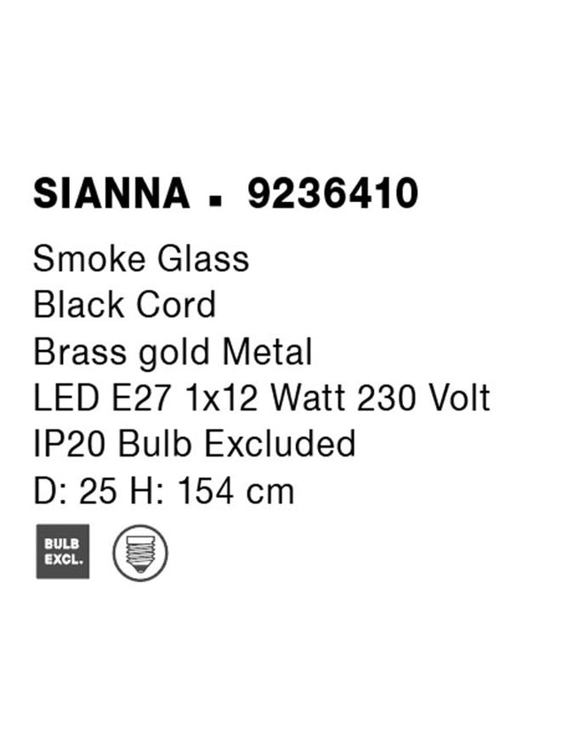 SIANNA Smoky Glass Brass Gold Metal LED E27 1x12 Watt 230 Volt IP20 Bulb Excluded Cable Length: 165 cm D: 25 H: 154 cm