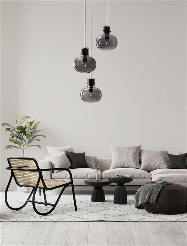 CINZIA Smoky Glass Black Cord Black Metal Base LED E27 3x12 Watt 230 Volt IP20 Bulb Excluded D: 30 H: 178 cm Adjustable Height