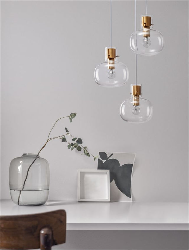 CINZIA Clear Glass White Cord Brass Gold Metal LED E27 3x12 Watt 230 Volt IP20 Bulb Excluded D: 30 H: 178 cm Adjustable Height