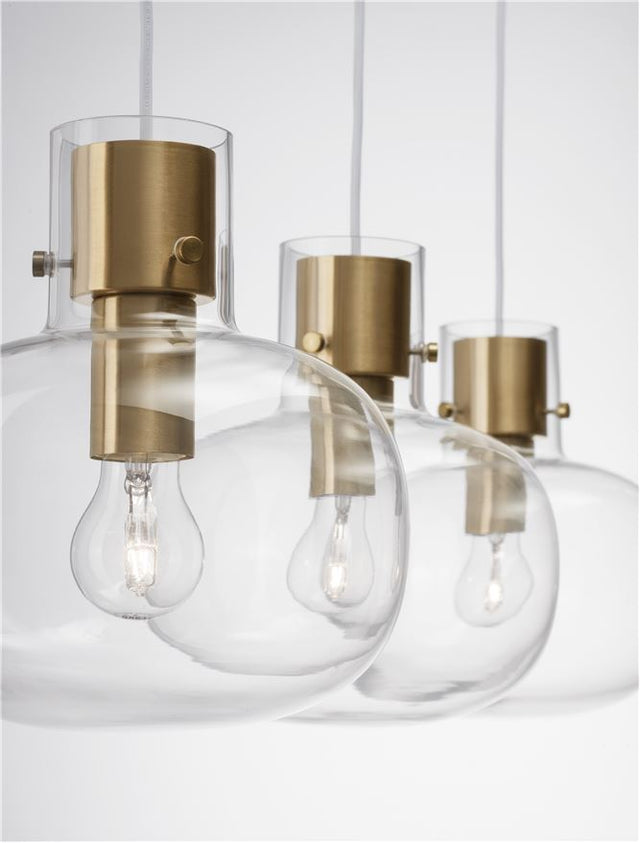 CINZIA Clear Glass White Cord Brass Gold Metal LED E27 3x12 Watt 230 Volt IP20 Bulb Excluded L: 86 H1: 25 H2: 175 cm Adjustable Height