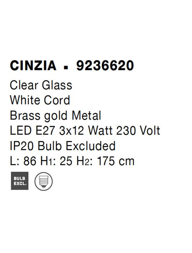 CINZIA Clear Glass White Cord Brass Gold Metal LED E27 3x12 Watt 230 Volt IP20 Bulb Excluded L: 86 H1: 25 H2: 175 cm Adjustable Height