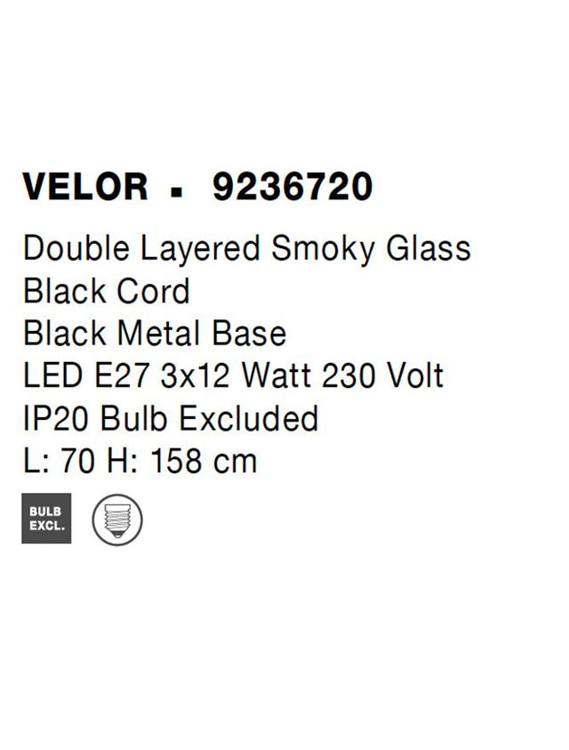 VELOR Double Layered Smoky Glass Black Cord Black Metal Base LED E27 3x12 Watt 230 Volt IP20 Bulb Excluded L: 70 W: 18 H: 158 cm Adjustable height