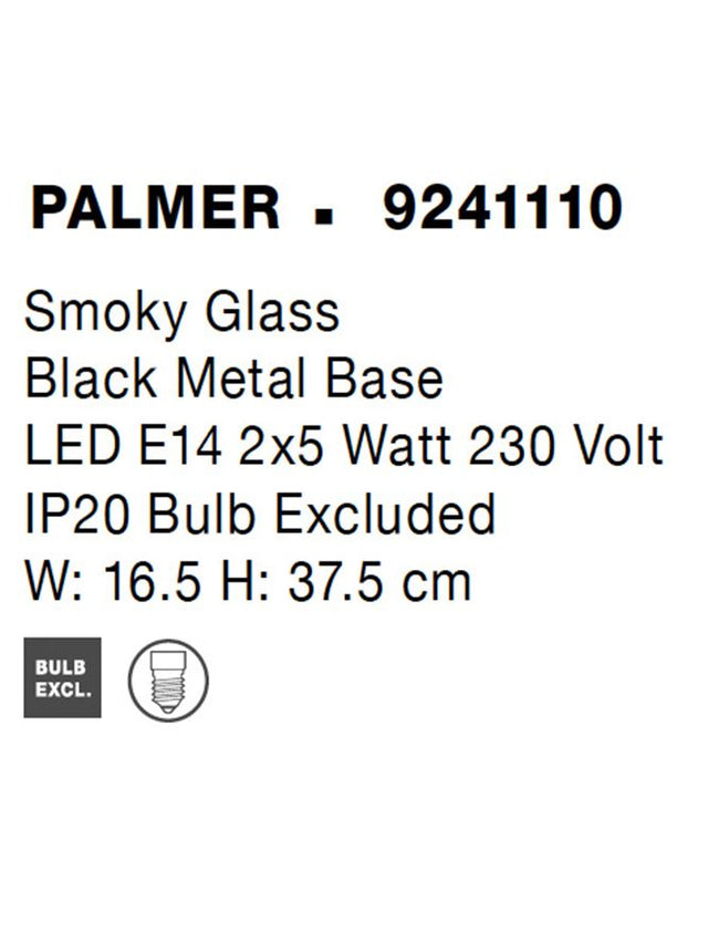 PALMER Smoky Glass Black Metal Base LED E14 2x5 Watt 230 Volt IP20 Bulb Excluded D: 11.5 W: 16.5 H: 37.5 cm