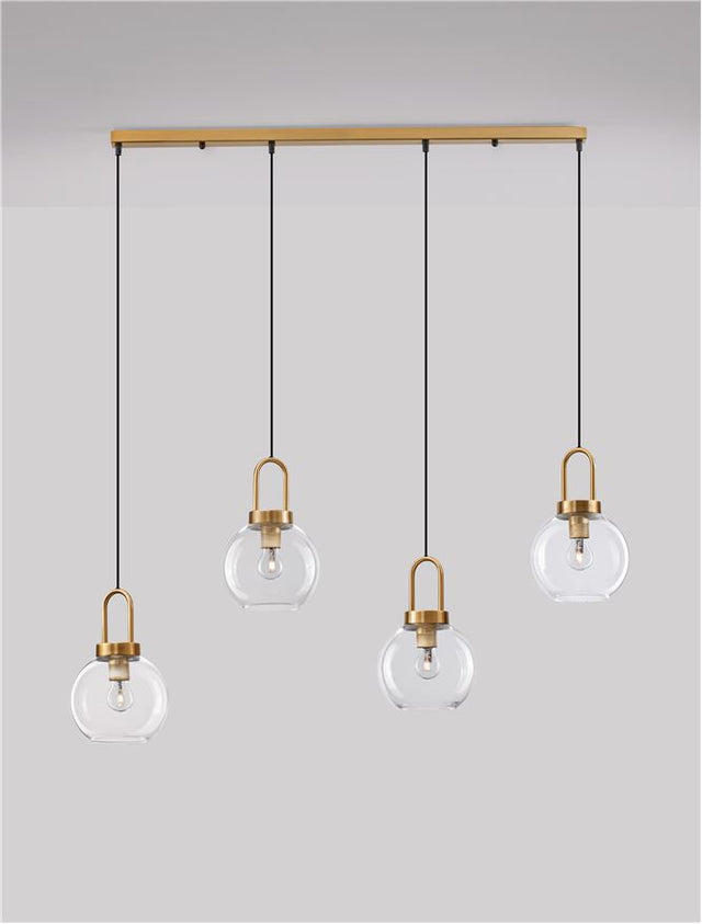 IRVINE Clear Glass Black Cord Brass Gold Metal LED E27 4x12 Watt 230 Volt IP20 Bulb Excluded 16.9 L: 97.5 H1: 30.3 H2: 155 cm Adjustable Height