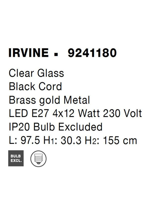 IRVINE Clear Glass Black Cord Brass Gold Metal LED E27 4x12 Watt 230 Volt IP20 Bulb Excluded 16.9 L: 97.5 H1: 30.3 H2: 155 cm Adjustable Height