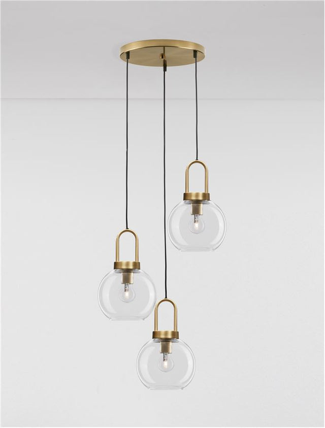 IRVINE Clear Glass Black Cord Brass Gold Metal LED E27 3x12 Watt 230 Volt IP20 Bulb Excluded D: 30 H1: 30.3 H2: 150 cm Adjustable Height