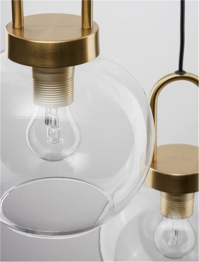 IRVINE Clear Glass Black Cord Brass Gold Metal LED E27 3x12 Watt 230 Volt IP20 Bulb Excluded D: 30 H1: 30.3 H2: 150 cm Adjustable Height