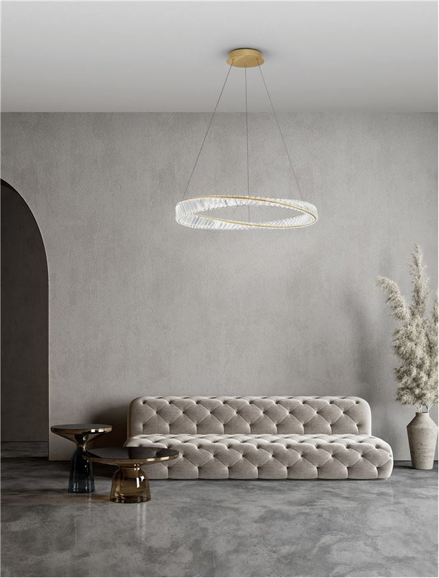 AURELIA Triac Dimmable Gold Metal & Crystal LED 43W 230 Volt 4139Lm 3500K IP20 Class I D: 80 H: 120 cm Adjustable Height