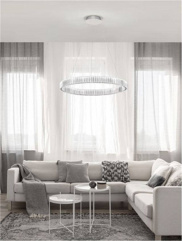 AURELIA Triac Dimmable Chrome Metal & Crystal LED 47W 230 Volt 4895Lm 3500K IP20 Class I D: 80 H: 150 cm Adjustable Height