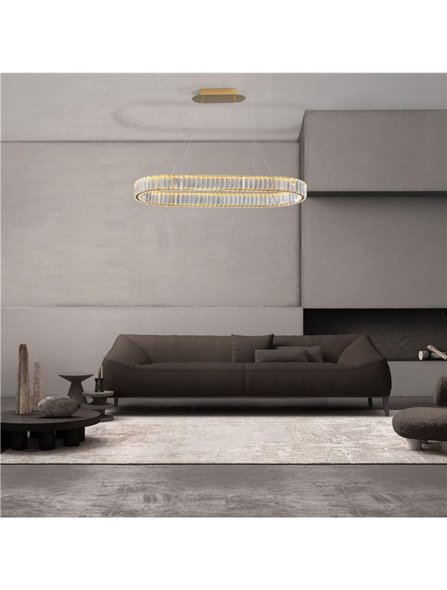 AURELIA Triac Dimmable Gold Metal & Crystal LED 48W 230 Volt 4505Lm 3500K IP20 Class I L: 92 W: 37 H: 150 cm Adjustable Height