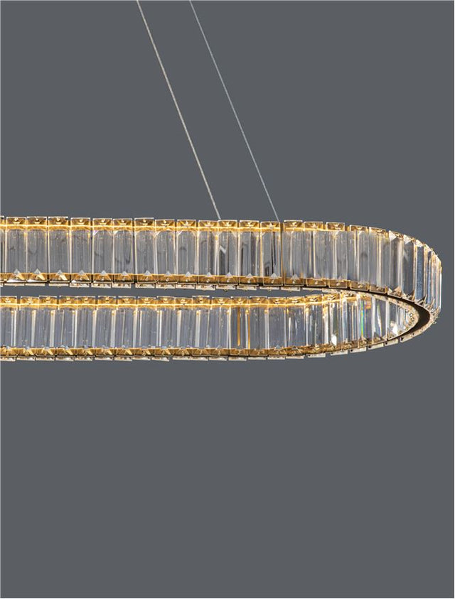 AURELIA Triac Dimmable Gold Metal & Crystal LED 48W 230 Volt 4505Lm 3500K IP20 Class I L: 92 W: 37 H: 150 cm Adjustable Height