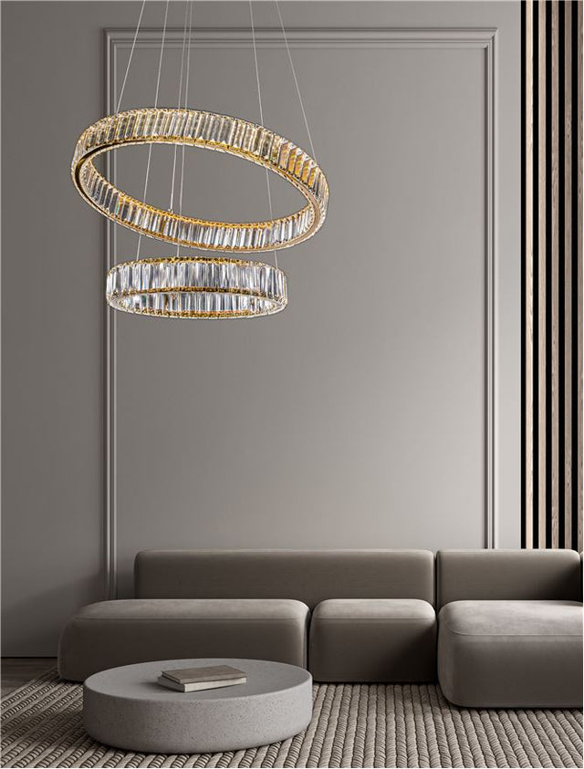 AURELIA Triac Dimmable Gold Metal & Crystal LED 46W 230 Volt 4328Lm 3500K IP20 Class I D: 60 H: 150 cm Adjustable Height & Rotating