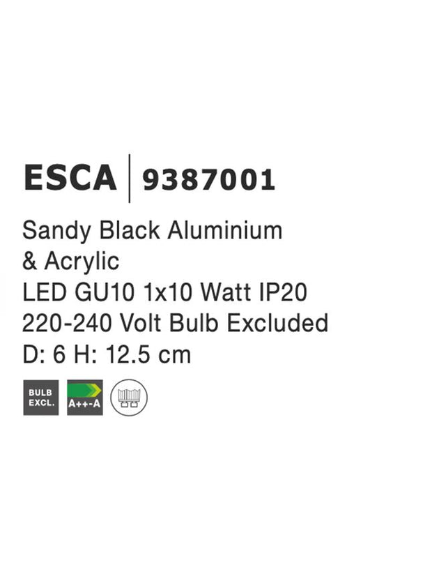 ESCA Sandy Black Aluminium & Acrylic LED GU10 1x10 Watt IP20 220-240 Volt Bulb Excluded D: 6 H: 12.5 cm