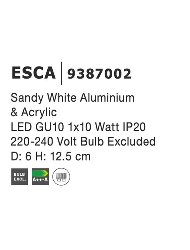 ESCA Sandy White Aluminium & Acrylic LED GU10 1x10 Watt IP20 220-240 Volt Bulb Excluded D: 6 H: 12.5 cm