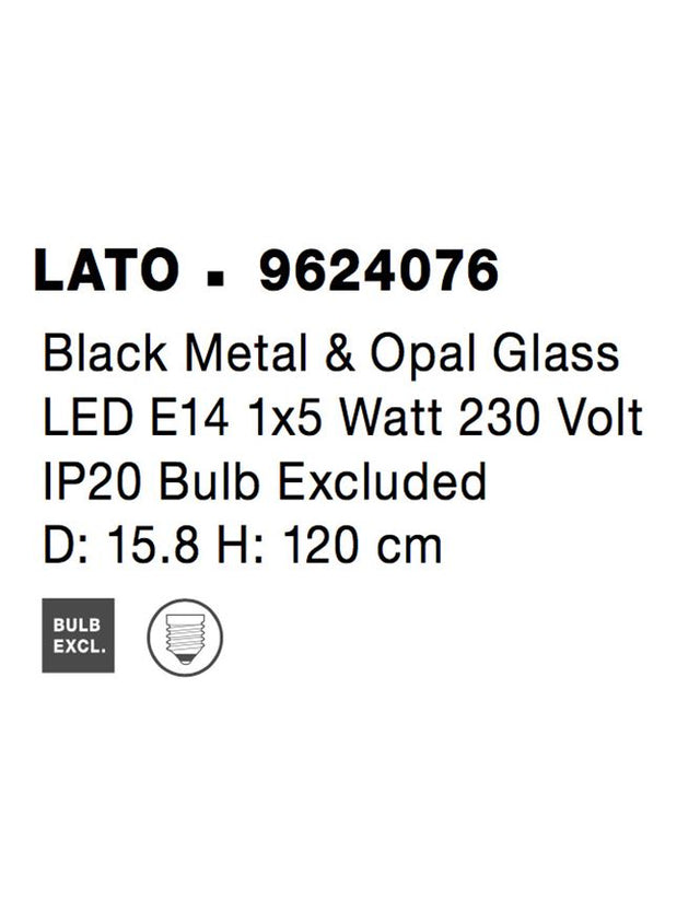 LATO Black Metal & Opal Glass Black Fabric Wire LED E14 1x5 Watt 230 Volt IP20 Bulb Excluded D: 15.8 H: 120 cm Adjustable height