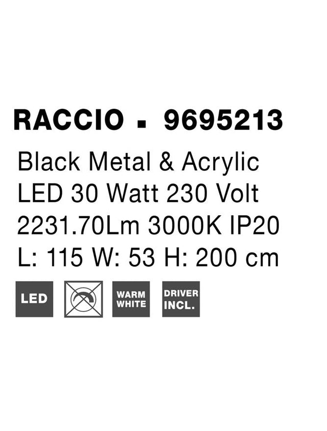 RACCIO Triac Dimmable Black Metal & Acrylic LED 27 Watt 230 Volt 1308Lm 3000K IP20 L: 115 W: 53 H: 200 cm Adjustable Height