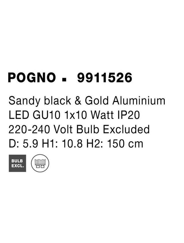 PONGO Sandy Black & Gold Aluminium LED GU10 1x10 Watt 230 Volt IP20 Bulb Excluded D: 5.9 H1: 10.8 H2: 160.8 cm