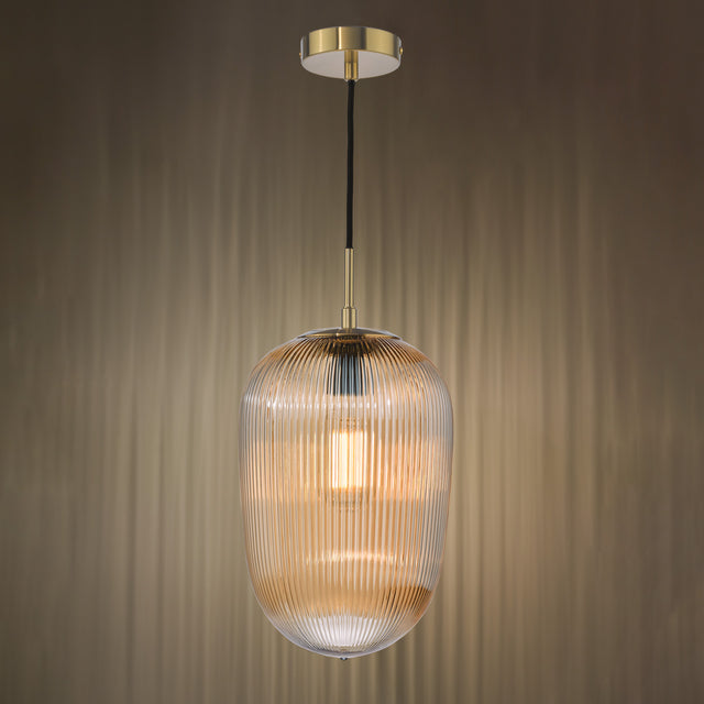 Abrielle Pendant Brushed Bronze and Amber Ribbed Glass