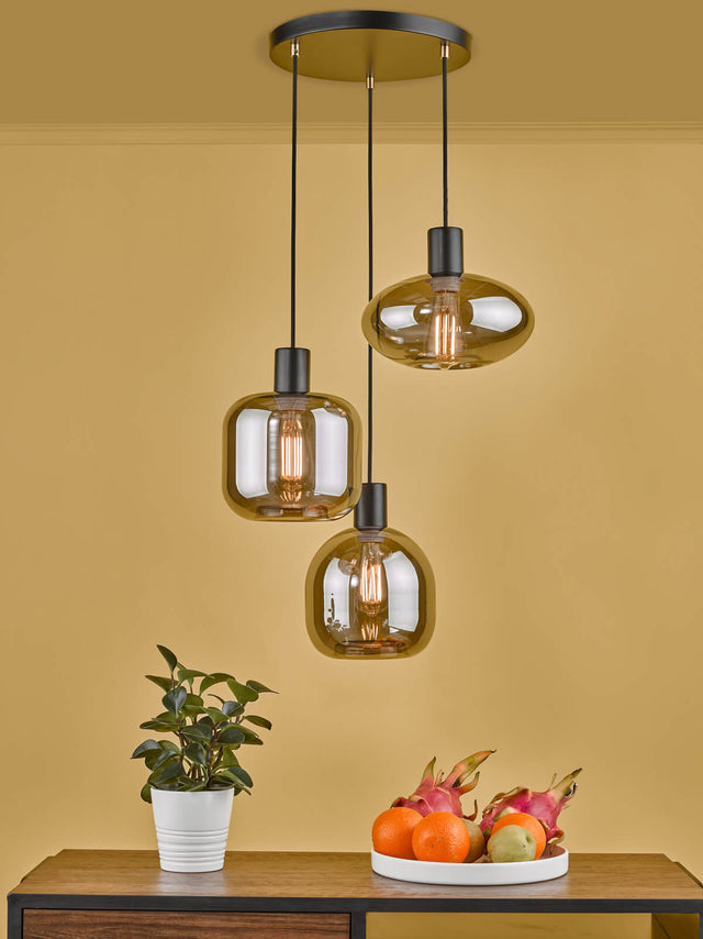 Aiden 3 Light Cluster Pendant Satin Black & Smoked