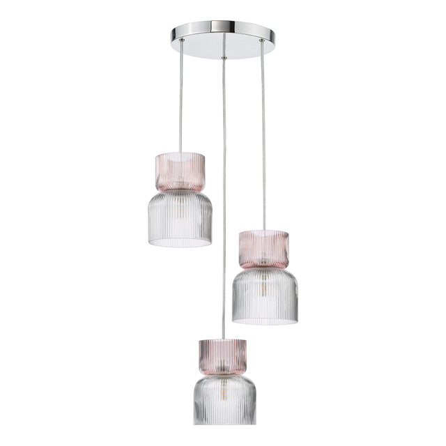 Auberta 3 Light Cluster Pendant Polished Chrome and Pink Ribbed Glass