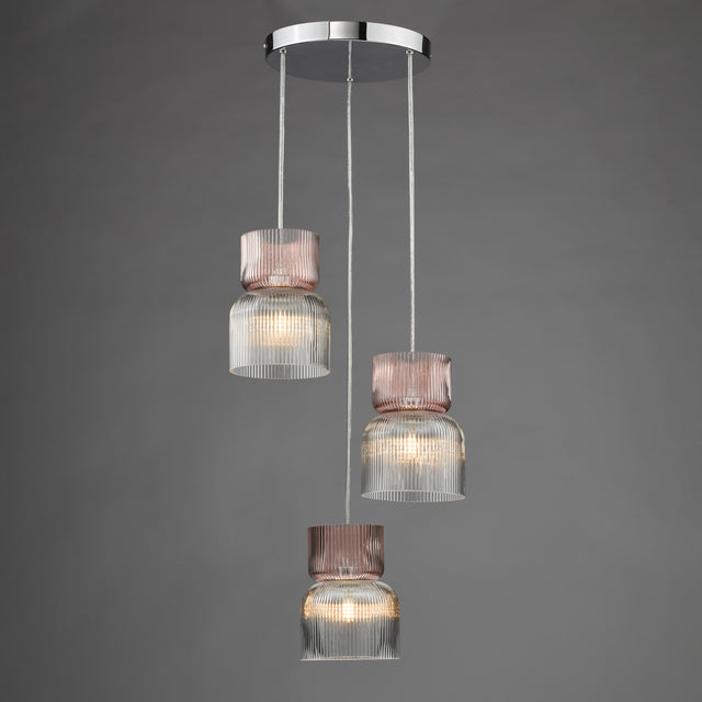 Auberta 3 Light Cluster Pendant Polished Chrome and Pink Ribbed Glass