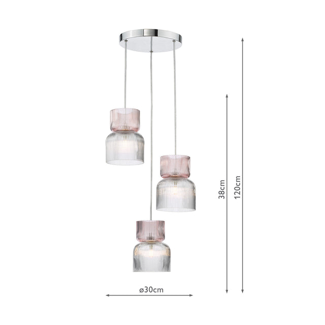 Auberta 3 Light Cluster Pendant Polished Chrome and Pink Ribbed Glass