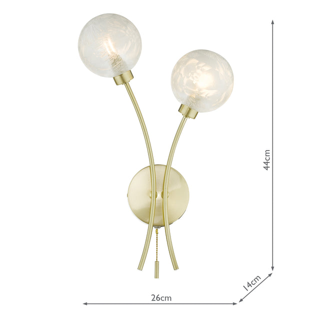 Avari 2 Light Wall Light Satin Brass Glass