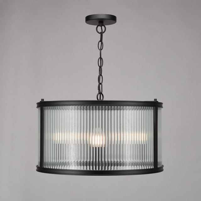 Bianka 3 Light Pendant Matt Black and Ribbed Glass