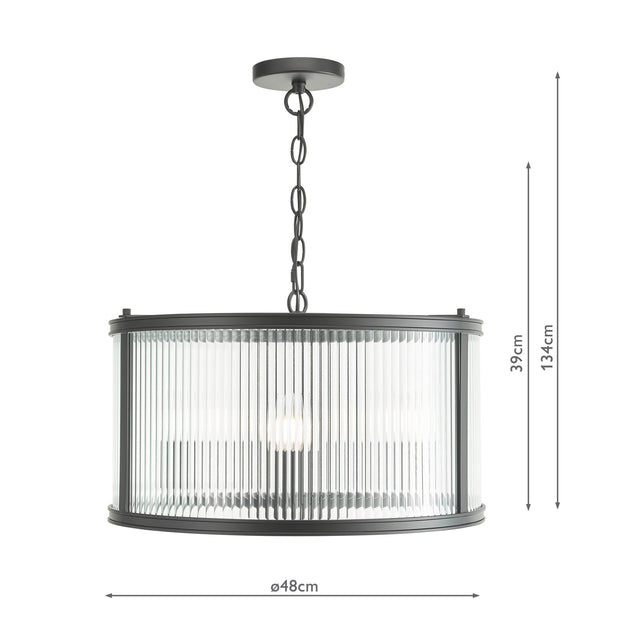 Bianka 3 Light Pendant Matt Black and Ribbed Glass