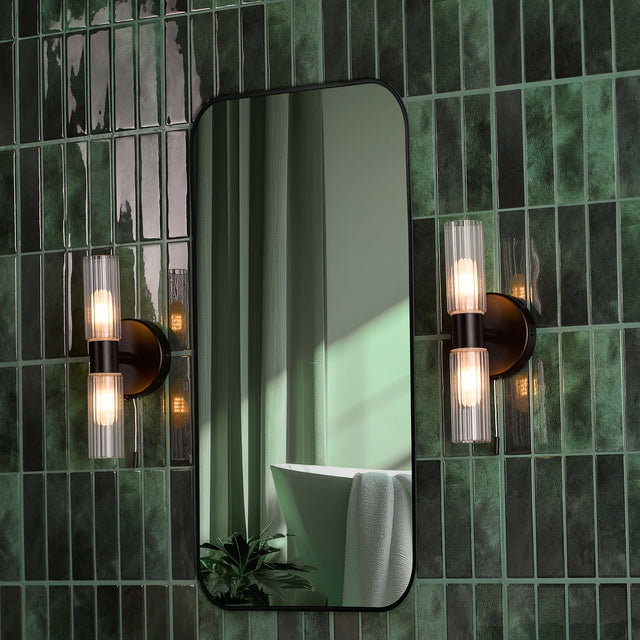 Bolton 2 Light Bathroom Wall Light Matt Black and Ribbed Glass IP44