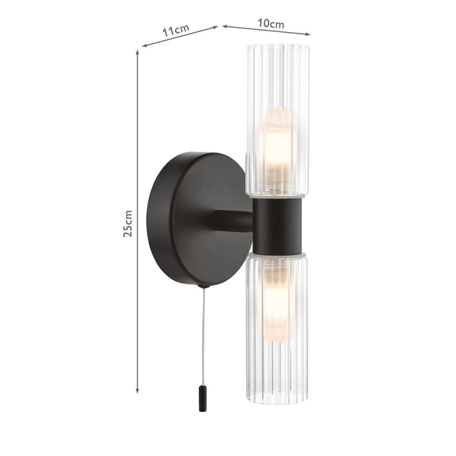 Bolton 2 Light Bathroom Wall Light Matt Black and Ribbed Glass IP44