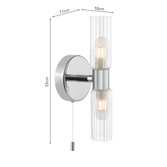 Bolton 2 Light Bathroom Wall Light Polished Chrome and Ribbed Glass IP44