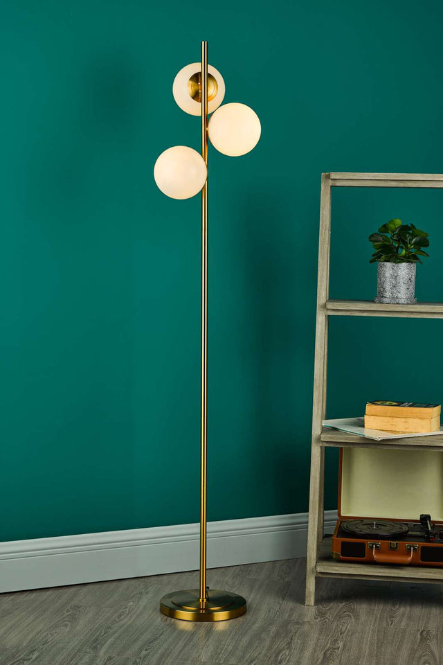 Bombazine 3 Light Floor Lamp Natural Brass and Opal Glass